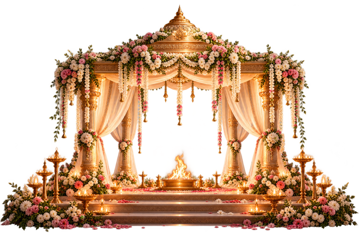 A floral wedding mandap with a sacred fire and brass lamps